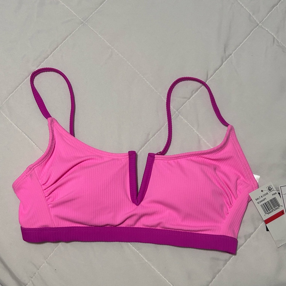 Women's Pink Ribbed Swim Top with Contrast Trim